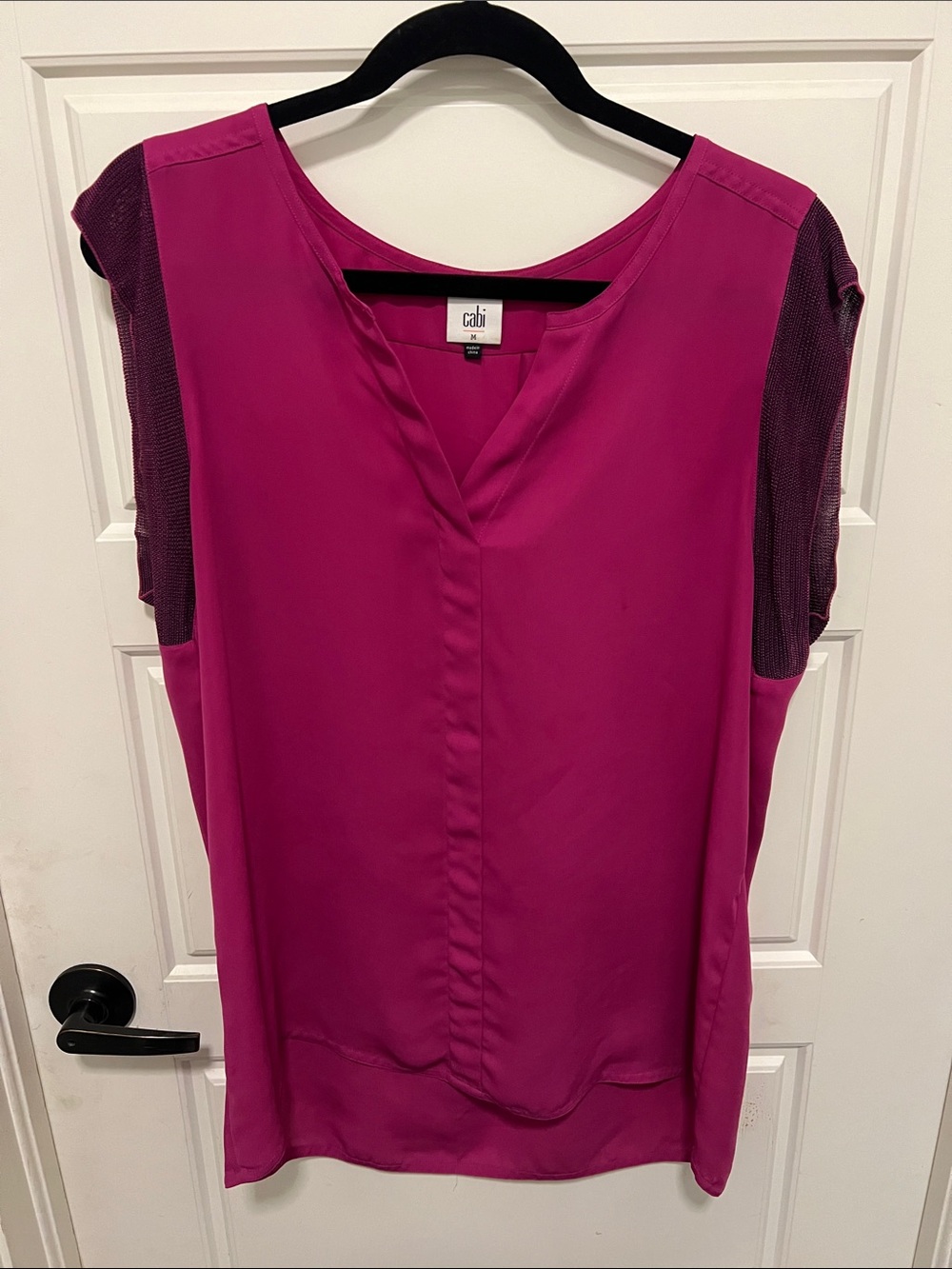 CAbi Fuchsia Split-Neck Sleeveless Blouse with Textured Plum Panels